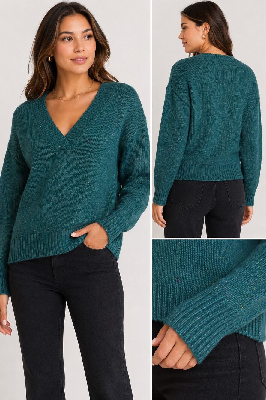 Abound Teal Flecked Knit V-Neck Pullover Sweater Long Sleeve Size Small NWT